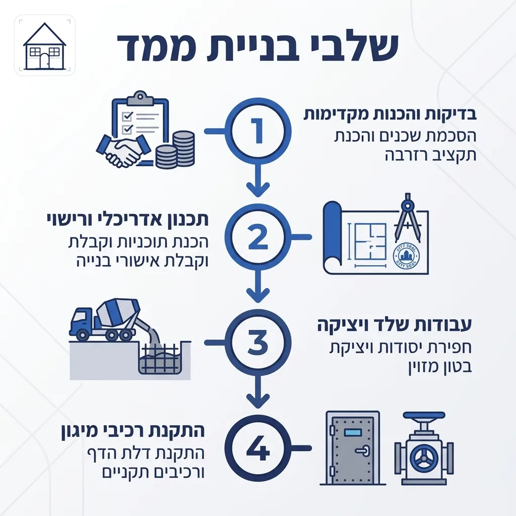 אינפוגרפיקה — שלבי בניית ממד: בדיקות והכנות מקדימות, תכנון אדריכלי ורישוי, עבודות שלד ויציקה, התקנת רכיבי מיגון