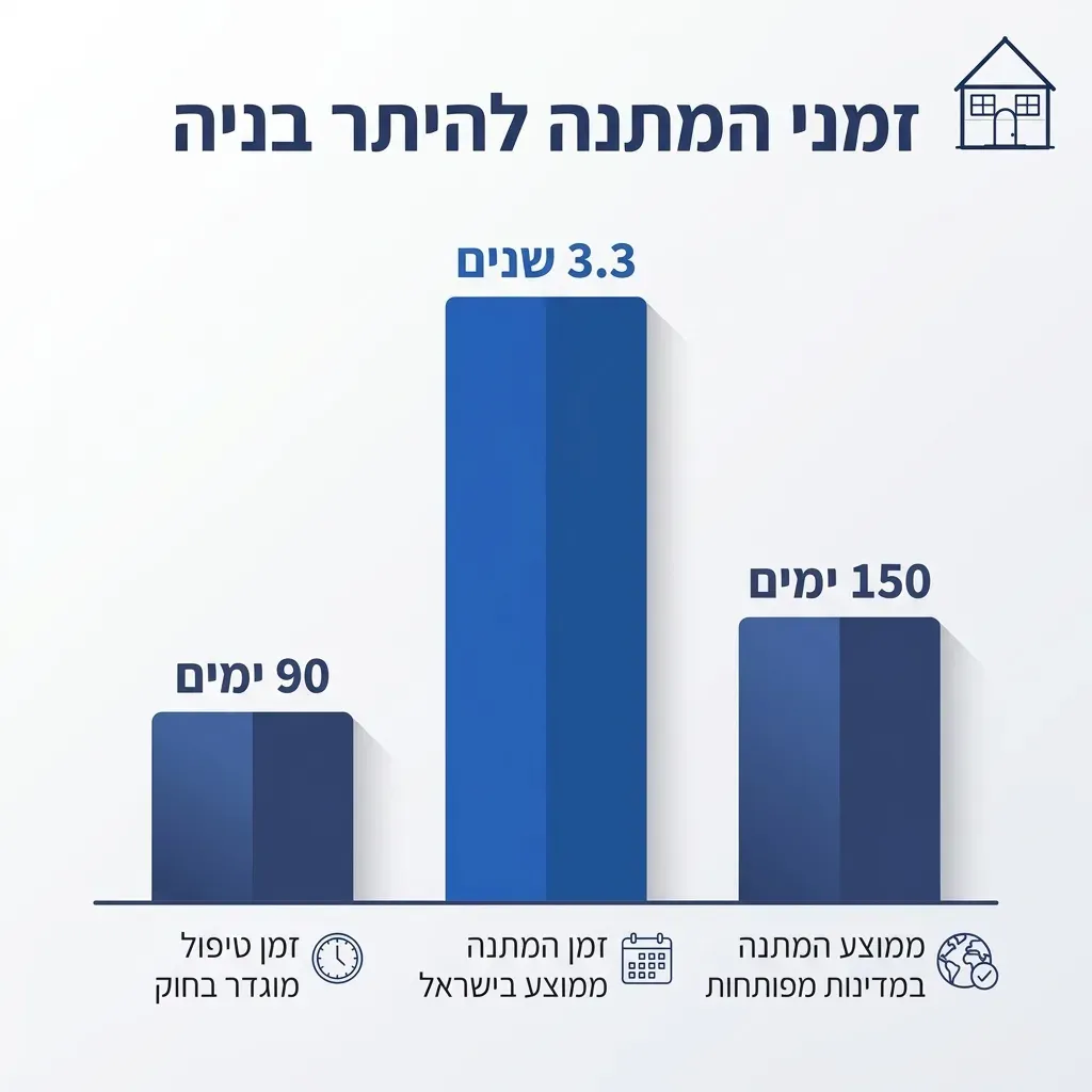 אינפוגרפיקה — זמני המתנה להיתר בניה: זמן טיפול מוגדר בחוק, זמן המתנה ממוצע בישראל, ממוצע המתנה במדינות מפותחות