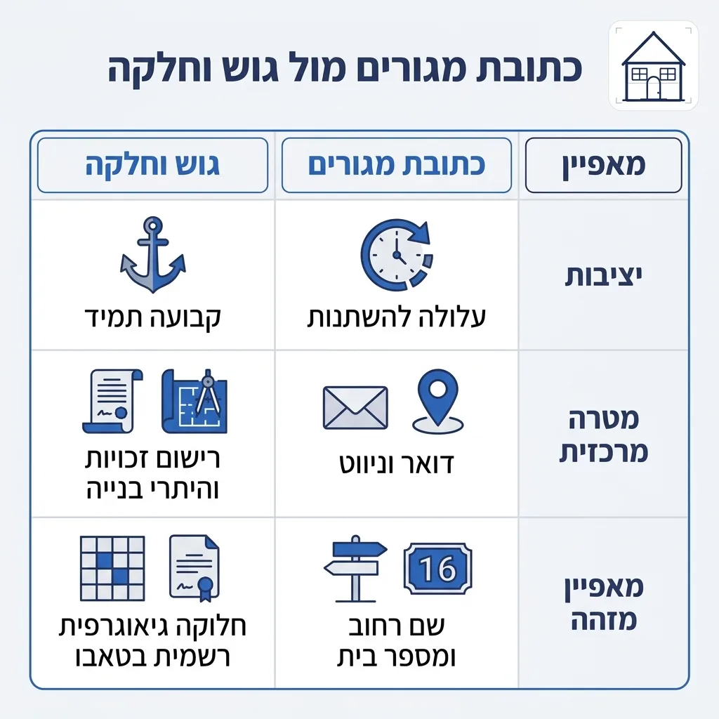 אינפוגרפיקה — כתובת מגורים מול גוש וחלקה: השוואה בין כתובת מגורים, גוש וחלקה