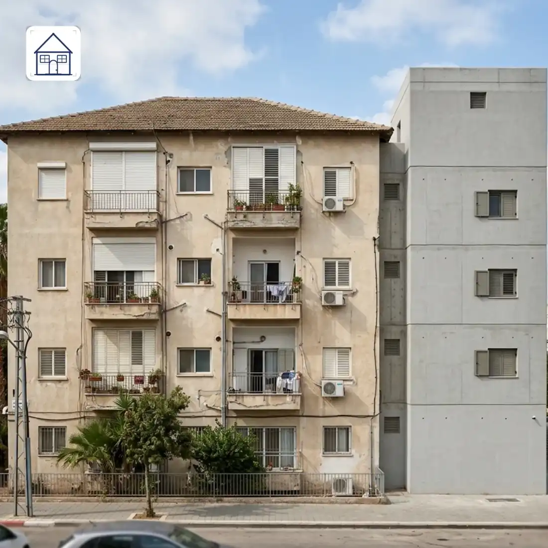 צילום חזית של בניין מגורים ותיק ופשוט בישראל, אליו מוצמד מגדל ממ