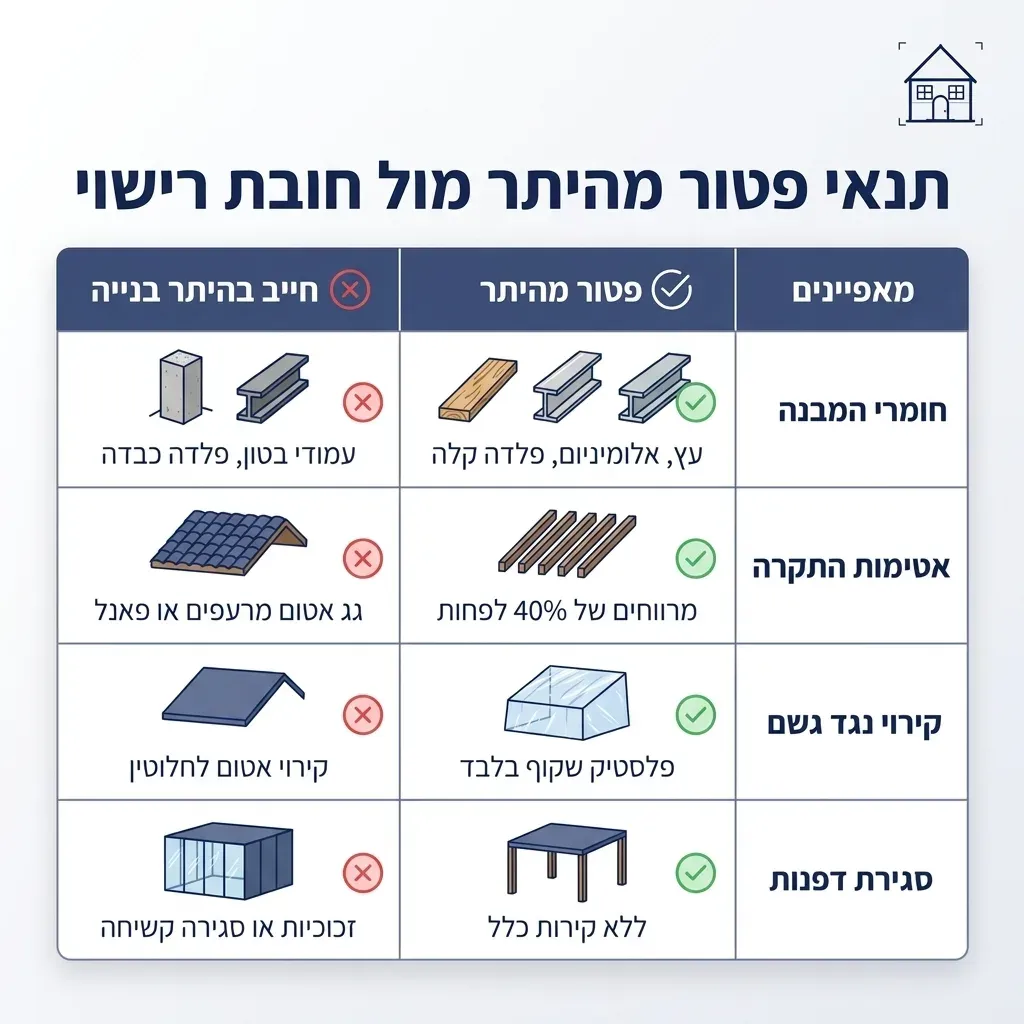 אינפוגרפיקה — תנאי פטור מהיתר מול חובת רישוי: השוואה בין פטור מהיתר, חייב בהיתר בנייה