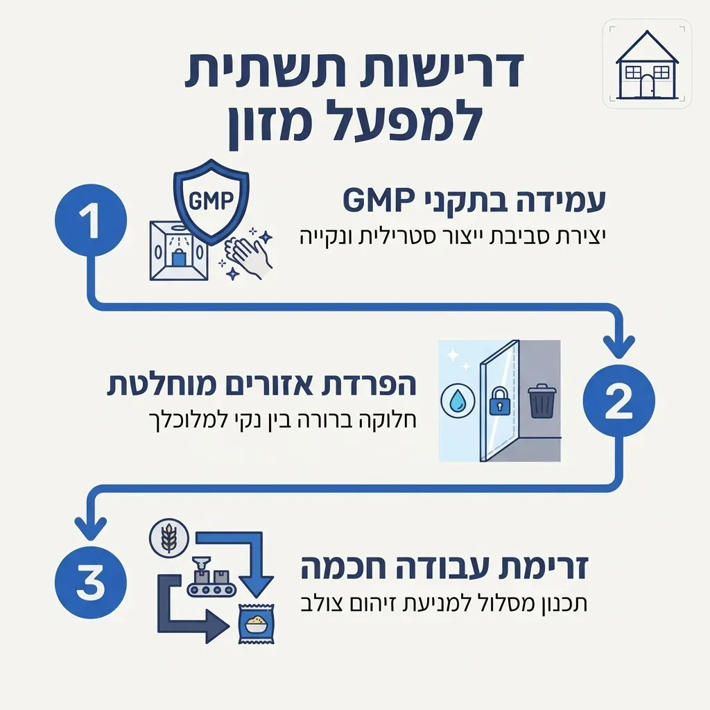 אינפוגרפיקה — דרישות תשתית למפעל מזון: עמידה בתקני GMP, הפרדת אזורים מוחלטת, זרימת עבודה חכמה