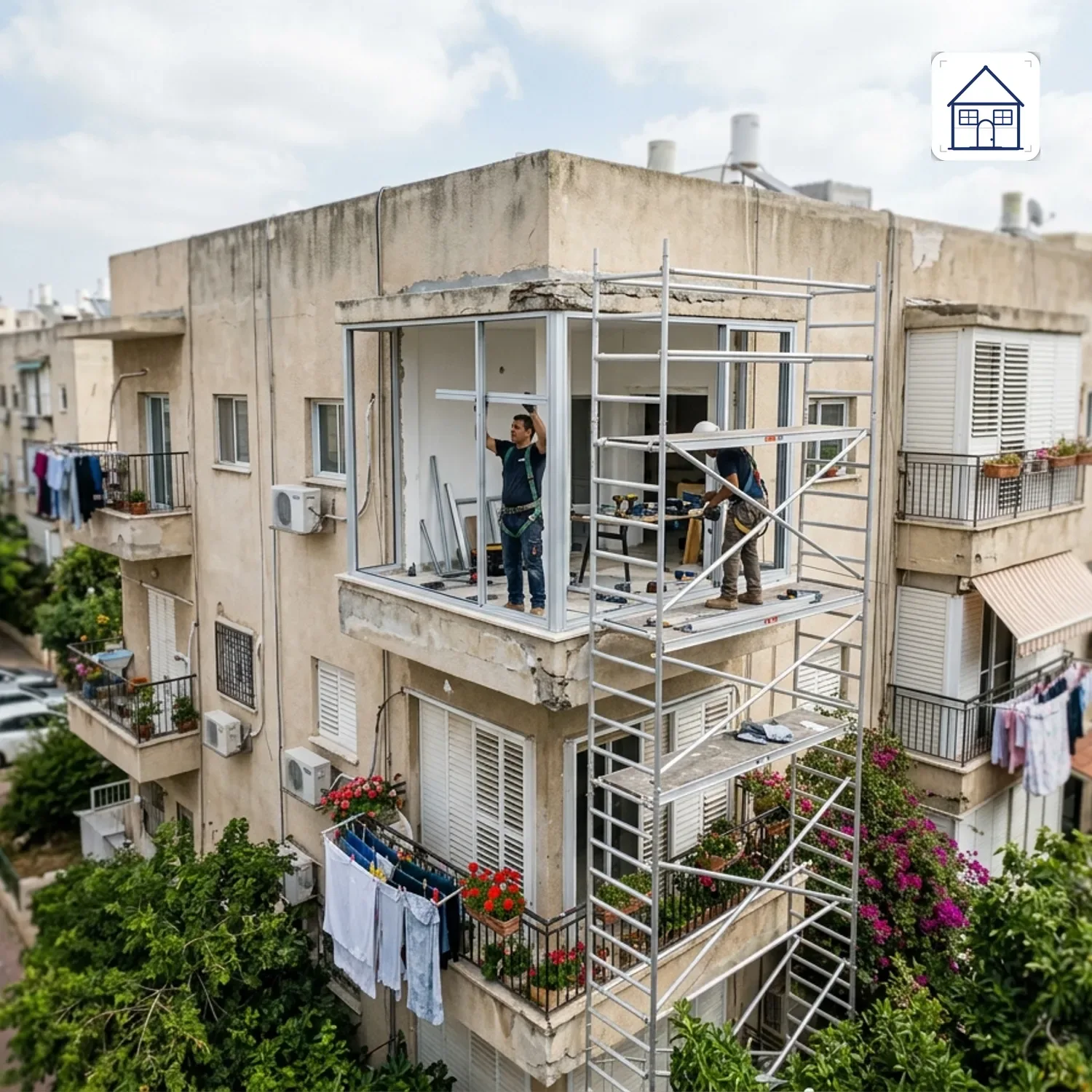 צילום של חזית בניין משותף ישראלי מבחוץ, מתמקדים במרפסת אחת שנמצאת בתהליך סגירה עם פיגומי אלומיניום חדשים, תאורת יום טבעית.