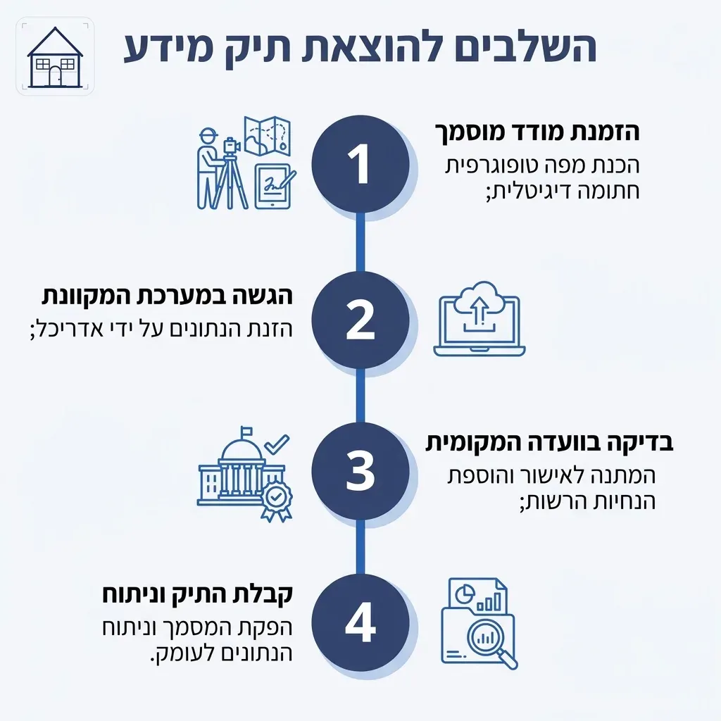 אינפוגרפיקה — השלבים להוצאת תיק מידע: הזמנת מודד מוסמך, הגשה במערכת המקוונת, בדיקה בוועדה המקומית, קבלת התיק וניתוח